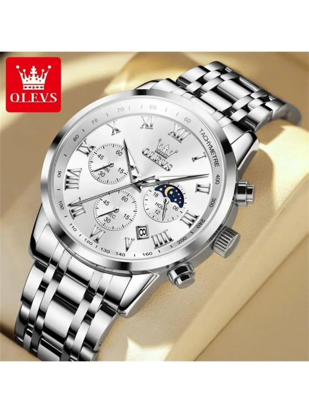 Olevs Men's Silver Multifunction Waterproof Luminous Chronograph Wrist Watch